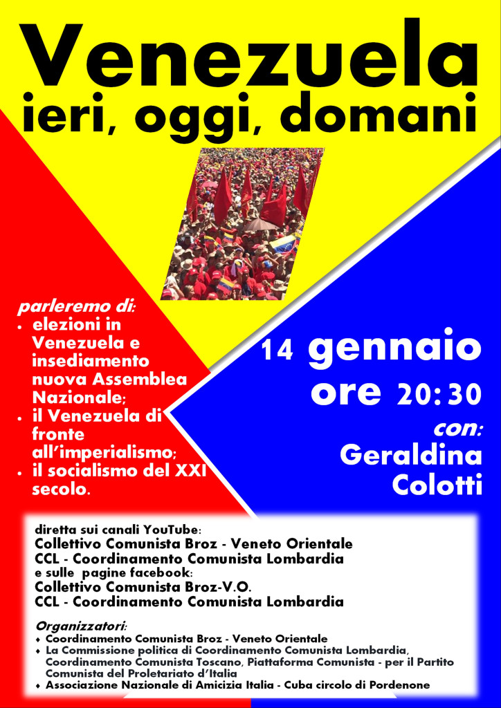 Giovedì 14 gennaio videoconferenza Venezuela ieri, oggi, domani un occasione di approfondimento