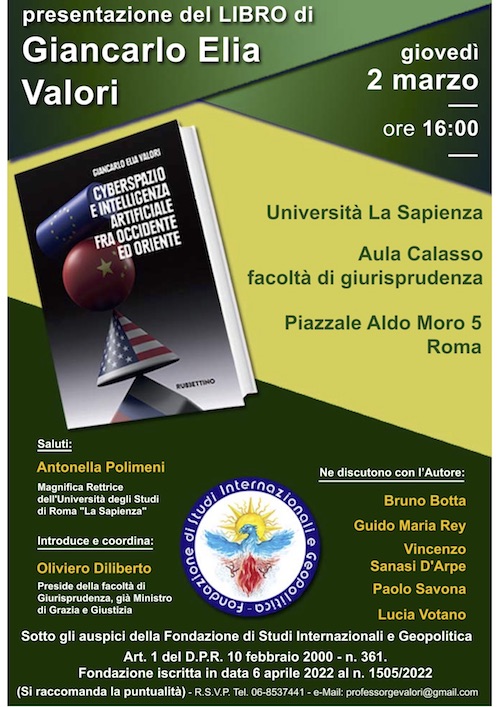 CYBERSPAZIO E INTELLIGENZA ARTIFICIALE FRA OCCIDENTE ED ORIENTE. PRESENTAZIONE DEL NUOVO LIBRO DI GIANCARLO ELIA VALORI.