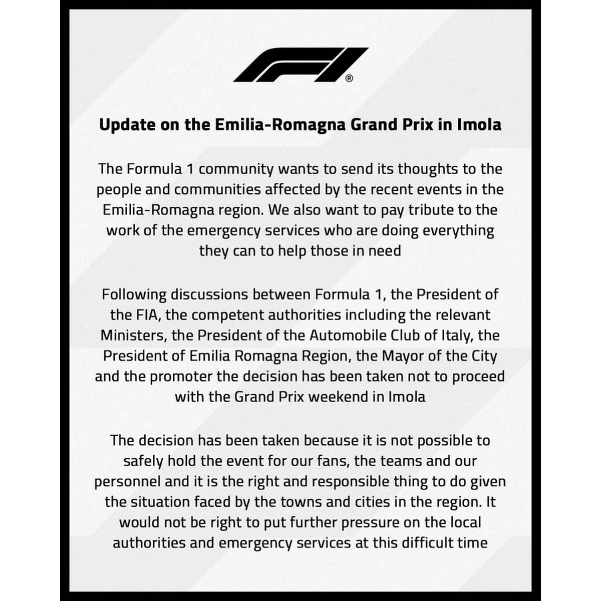 A causa del maltempo in Emilia-Romagna è stato annullato il GP di Formula 1 che domenica avrebbe dovuto disputarsi ad Imola