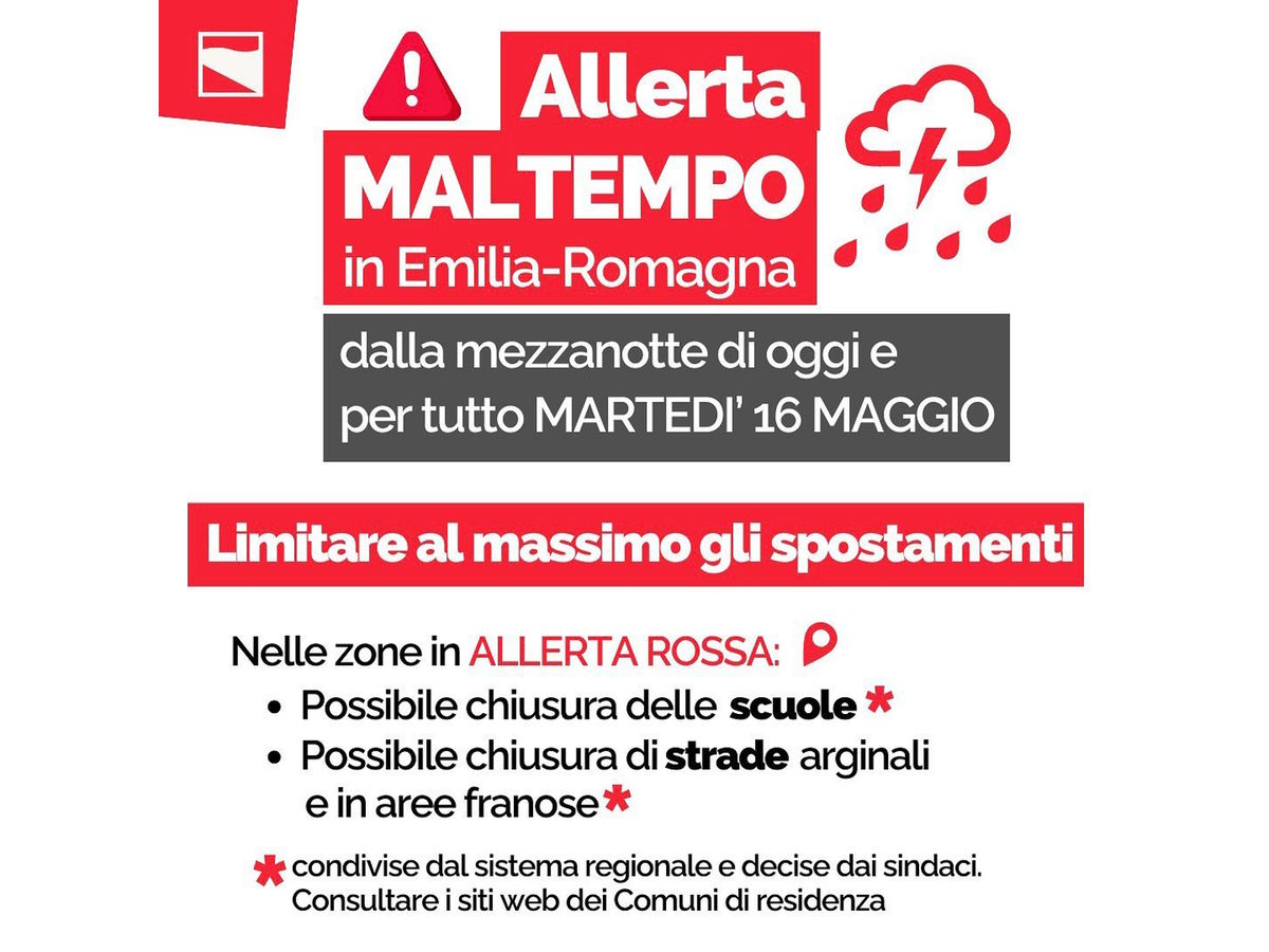 Maltempo in Emilia-Romagna: Allerta rossa per forti piogge e rischio idrogeologico per martedì 16 maggio
