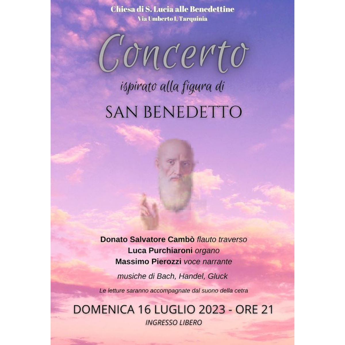 Tarquinia: i maestri Cambò e Purchiaroni in concerto per San Benedetto con la voce narrante di Massimo Pierozzi