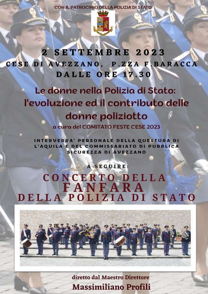CONCERTO DELLA FANFARA DELLA POLIZIA DI STATO A CESE DI AVEZZANO ALL’INTERNO DELL’INIZIATIVA ISTITUZIONALE SULLE DONNE POLIZIOTTO