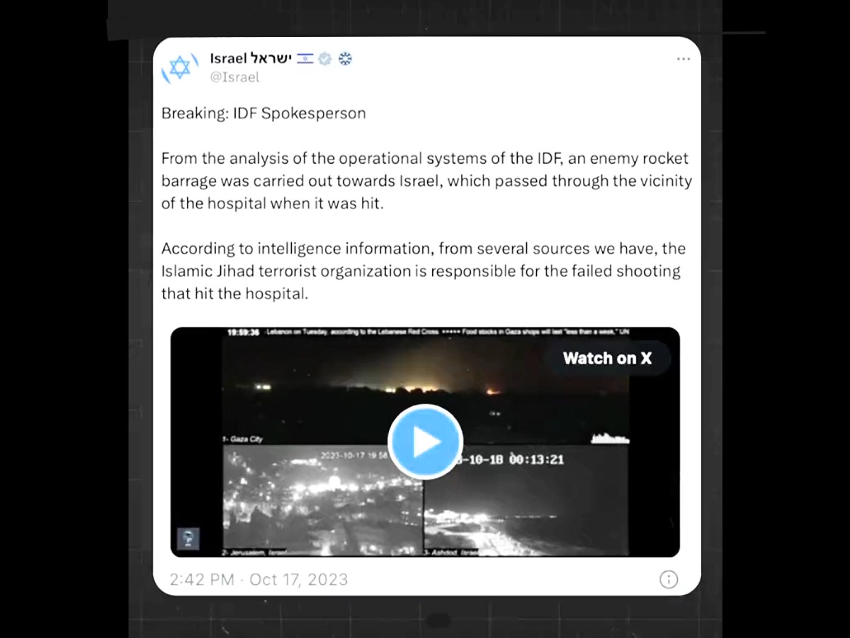 Confutate le prove schiaccianti di Israele e Usa che attribuivano alla Jihad islamica la responsabilità del missile caduto sull'ospedale Al Ahli