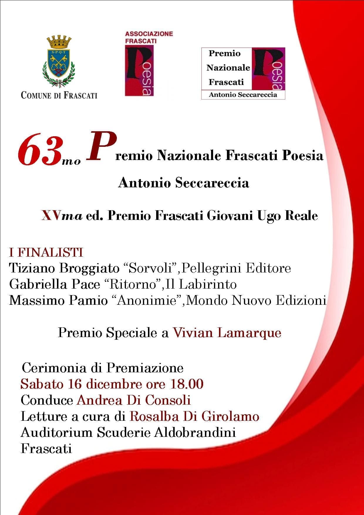 63 ma ed cerimonia di premiazione del Premio Nazionale Frascati Poesia Antonio Seccareccia