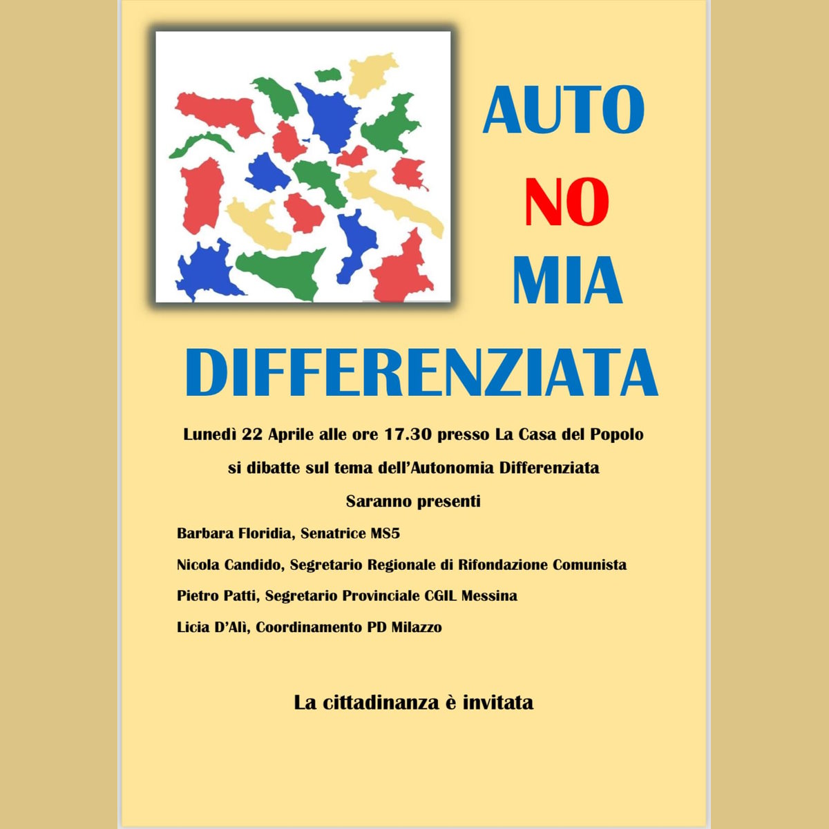 Milazzo (ME) – Lunedì 22 aprile incontro-dibattito sull’autonomia differenziata