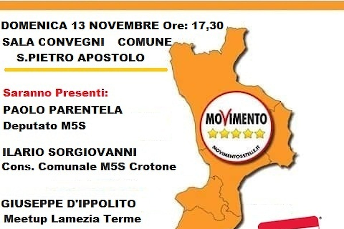 Domenica 13 novembre, il Calabria NO Tour del M5S fa tappa a S. Pietro Apostolo